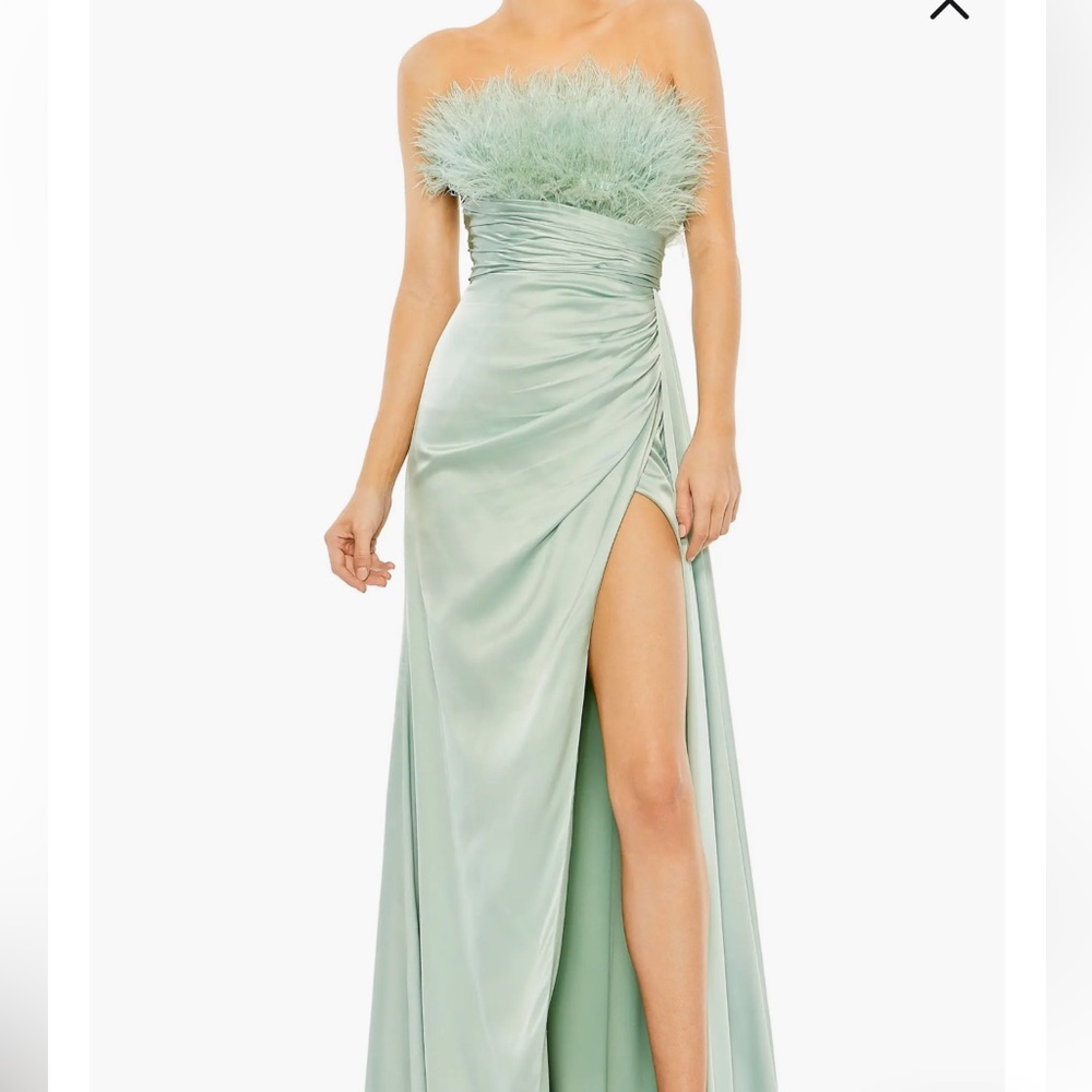 Mac Duggal Mint Green Feathered Strapless Maxi Dress - Picture 2 of 12